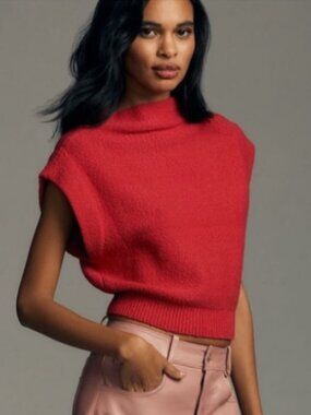 Anthropologie Fuchsia Mock Neck Cap Sleeve Textured Sweater